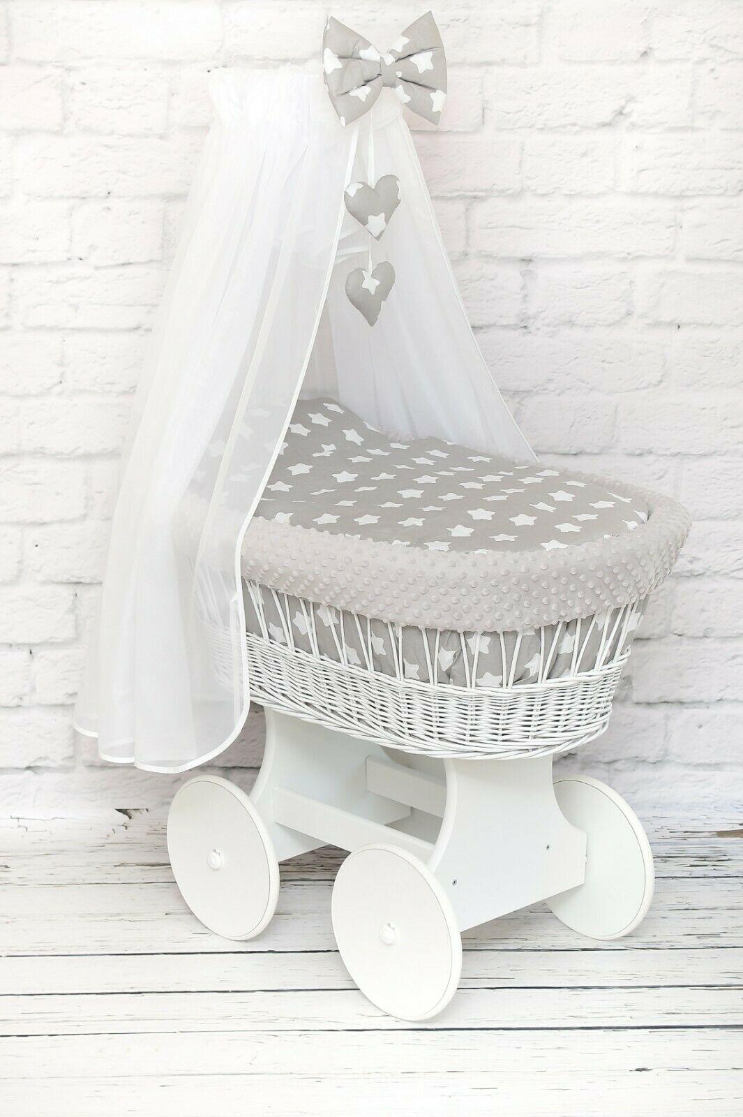 Full Bedding Set With Canopy To Fit Wicker Moses Basket Big Stars With Grey - Grey Dimple