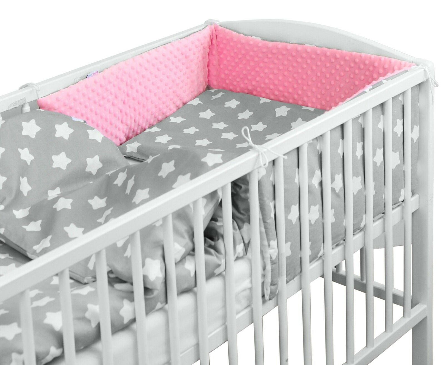 Baby dimple padded bumper 180cm straight fit COT 120x60 Pink/ Big white stars on grey