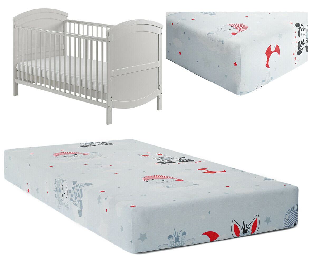 Baby Fitted Cot Sheet Printed Design 100% Cotton Mattress 120X60 cm Sweet Animals Grey