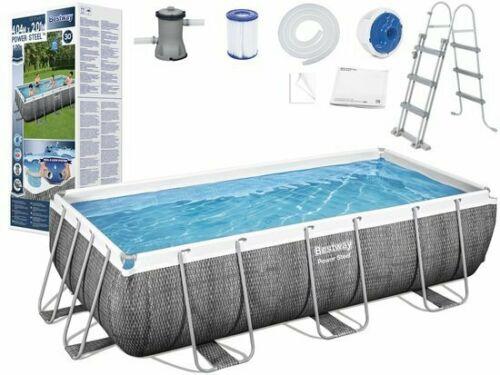 Bestway 13.6Ft Power Steel Rectangular Swimming Pool 412X201X122 cm Grey Rattan