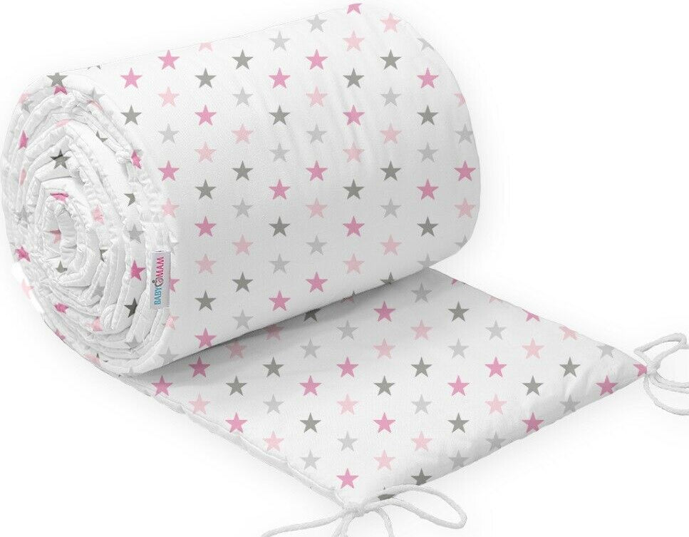 Baby Padded Bumper 100% Cotton To Fit Crib All Round 260cm Grey Pink Stars