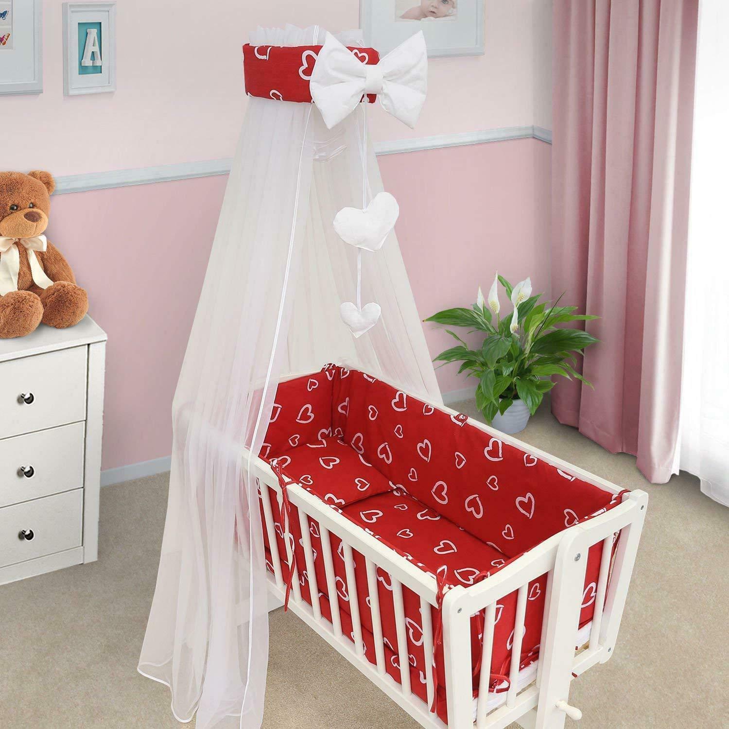 Baby Padded Bumper 100% Cotton To Fit Crib All Round 260cm White Hearts On Red