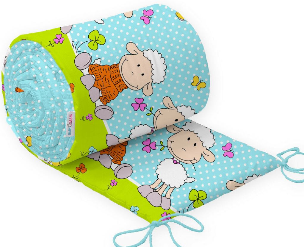 Baby Padded Bumper 100% Cotton To Fit Crib All Round 260cm Sheep Turquoise