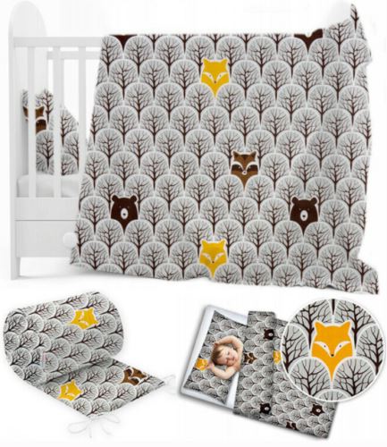 Baby 6Pc Bedding Set Pillow Duvet Quilt Sheet Bumper Fit Cotbed 140X70cm Fox In Forest Grey - MyHappy Baby