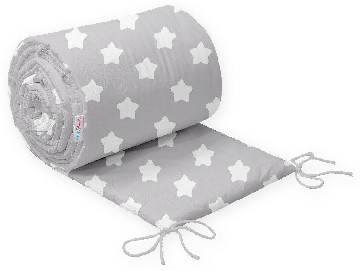 Baby Padded Bumper 100% Cotton To Fit Crib All Round 260cm Big White Stars On Grey