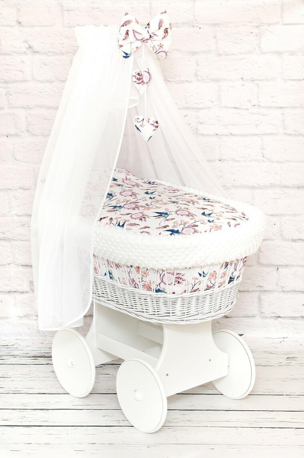 White Wicker Moses Basket with Wheels Baby+full Bedding Set Dream catcher birds - white dimple