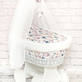 White Wicker Moses Basket with Wheels Baby+full Bedding Set Dream catcher birds - white dimple