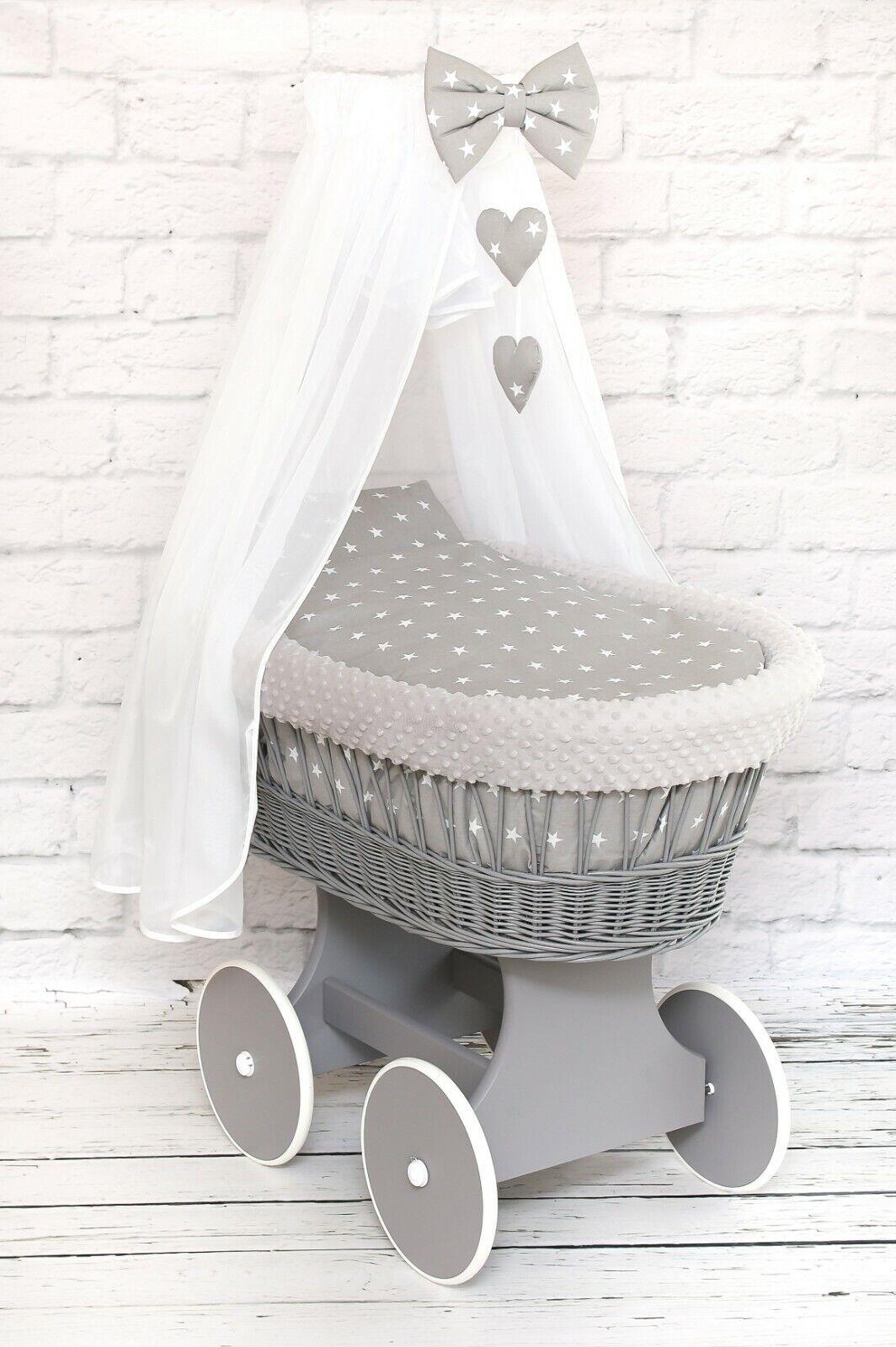 Grey Wicker Wheels Moses Basket Baby+Full Bedding Set Small stars on Grey dimple