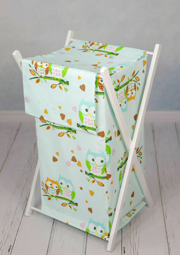 Laundry Basket with white wooden frame and storage removable linen Owls Turquoise
