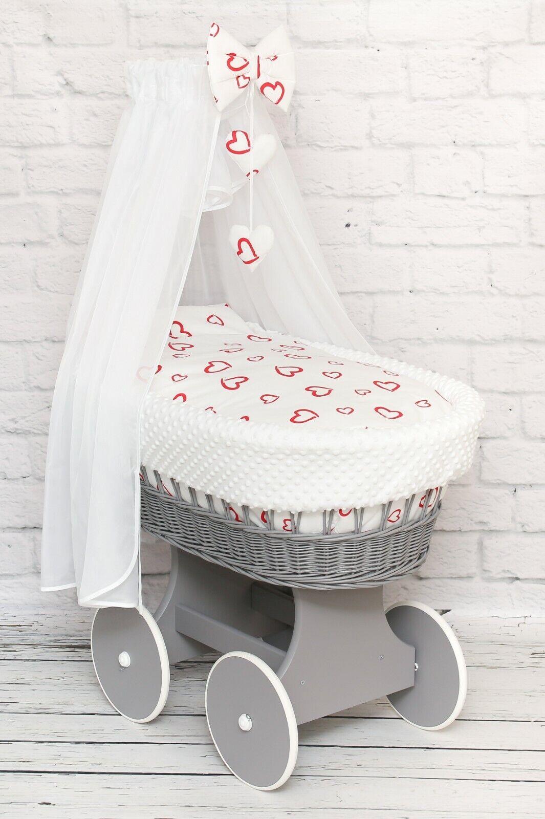 Moses Wicker Basket Full Set Bedding Set Canopy Grey/Red hearts on white dimple