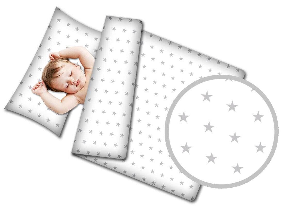 Baby Bedding Set 5pc Nursery Cotton Pillow Duvet Bumper 70x80cm Small Grey Stars On White