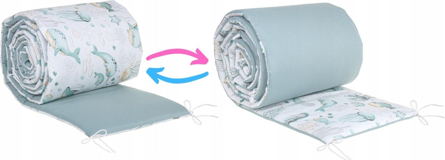 Padded Cot Bumper 180x30cm 100% Cotton Sea life/ Sage