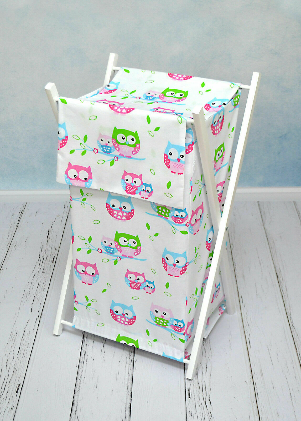 Laundry Basket with white wooden frame and storage removable linen OWLS WHITE