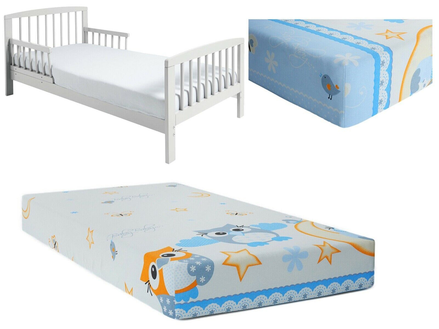 Baby Fitted Toddler Bed Sheet Printed 100% Cotton Mattress 160X80cm Owls Moon Blue - MyHappy Baby
