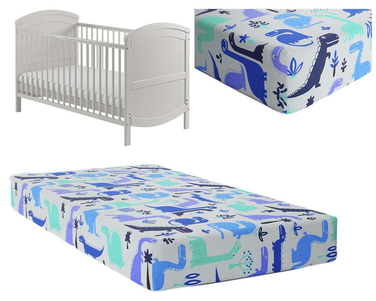 Baby Fitted Cot Sheet Printed Design 100% Cotton Mattress 120X60 cm Dinosaurs Blue