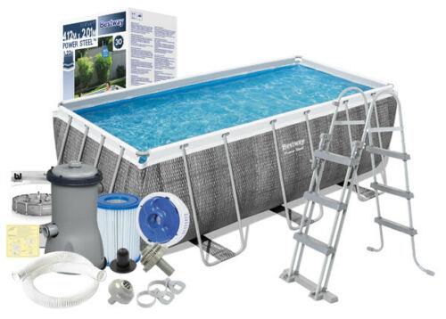 Bestway 13.6Ft Power Steel Rectangular Swimming Pool 412X201X122 cm Grey Rattan