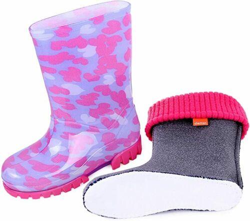 Wellies Kids Rain Snow Boots Removable Inner Lining Socks Wellington White & Pink Hearts