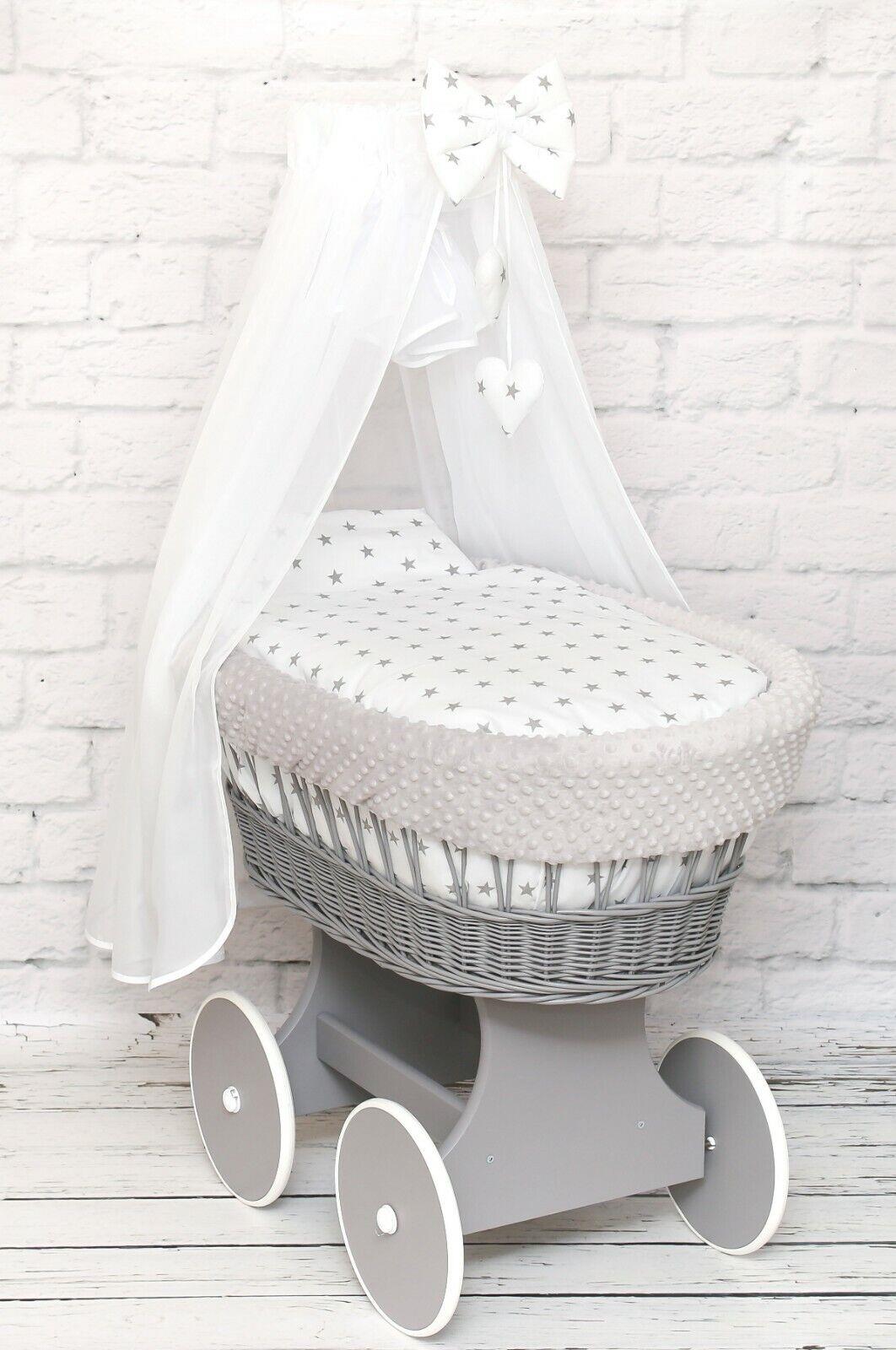 Moses Wicker Basket Full Set Bedding Set Canopy Grey/Dimple Grey/Small stars on White