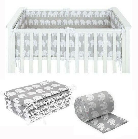 Padded Baby Bumper To Fit Cot 120x60 All Around 100% Cotton 360cm Bumper Elephants Grey