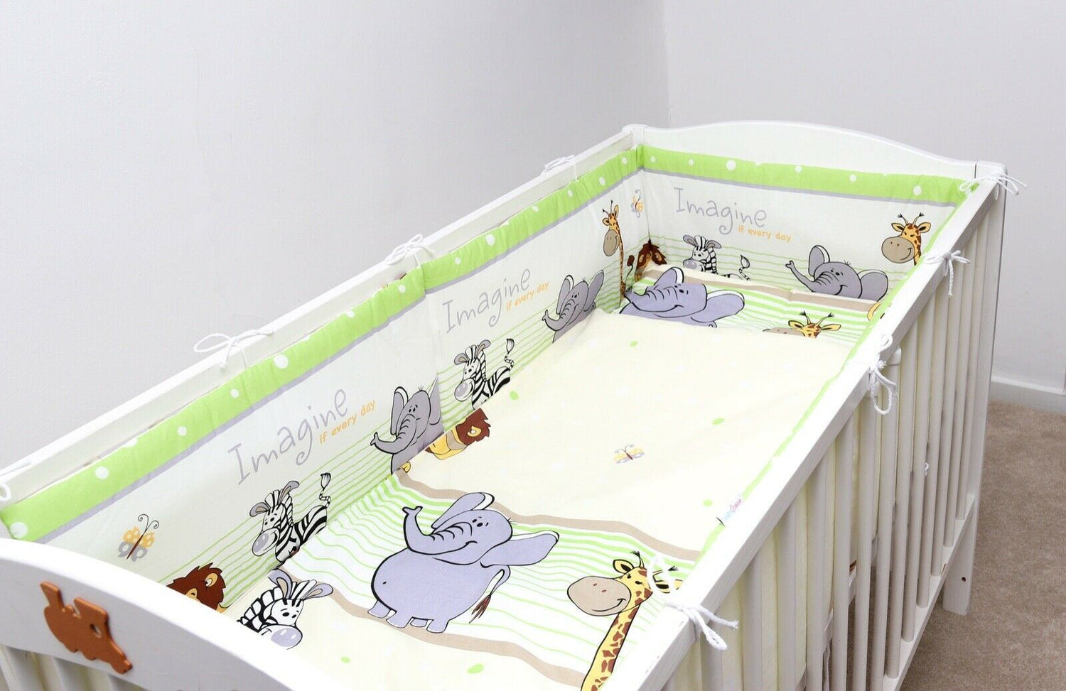 Baby 6Pc Bedding Set All-Round Bumper Fit Cotbed 140X70cm Safari Green