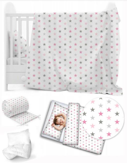 Baby 3Pc Bedding Set Pillow Duvet Bumper Fit Cotbed 140x70cm Grey Pink Stars