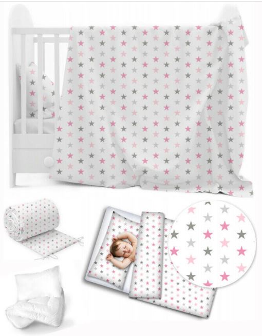 Baby 3Pc Bedding Set Pillow Duvet Bumper Fit Cotbed 140X70cm Grey Pink Stars