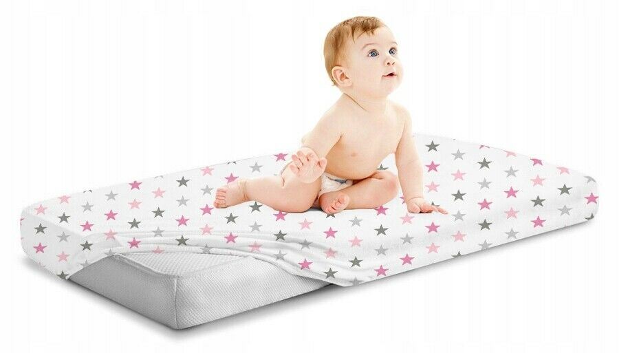 Baby Fitted Cot Bed Sheet Printed 100% Cotton Mattress 140X70cm Grey Pink Stars