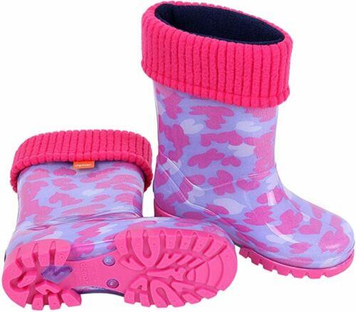 Wellies Kids Rain Snow Boots Removable Inner Lining Socks Wellington White & Pink Hearts - MyHappy Baby
