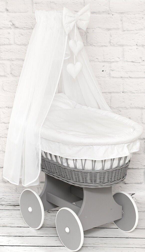 Grey Wicker Wheels Moses Basket Baby+Full Bedding Set White Cotton