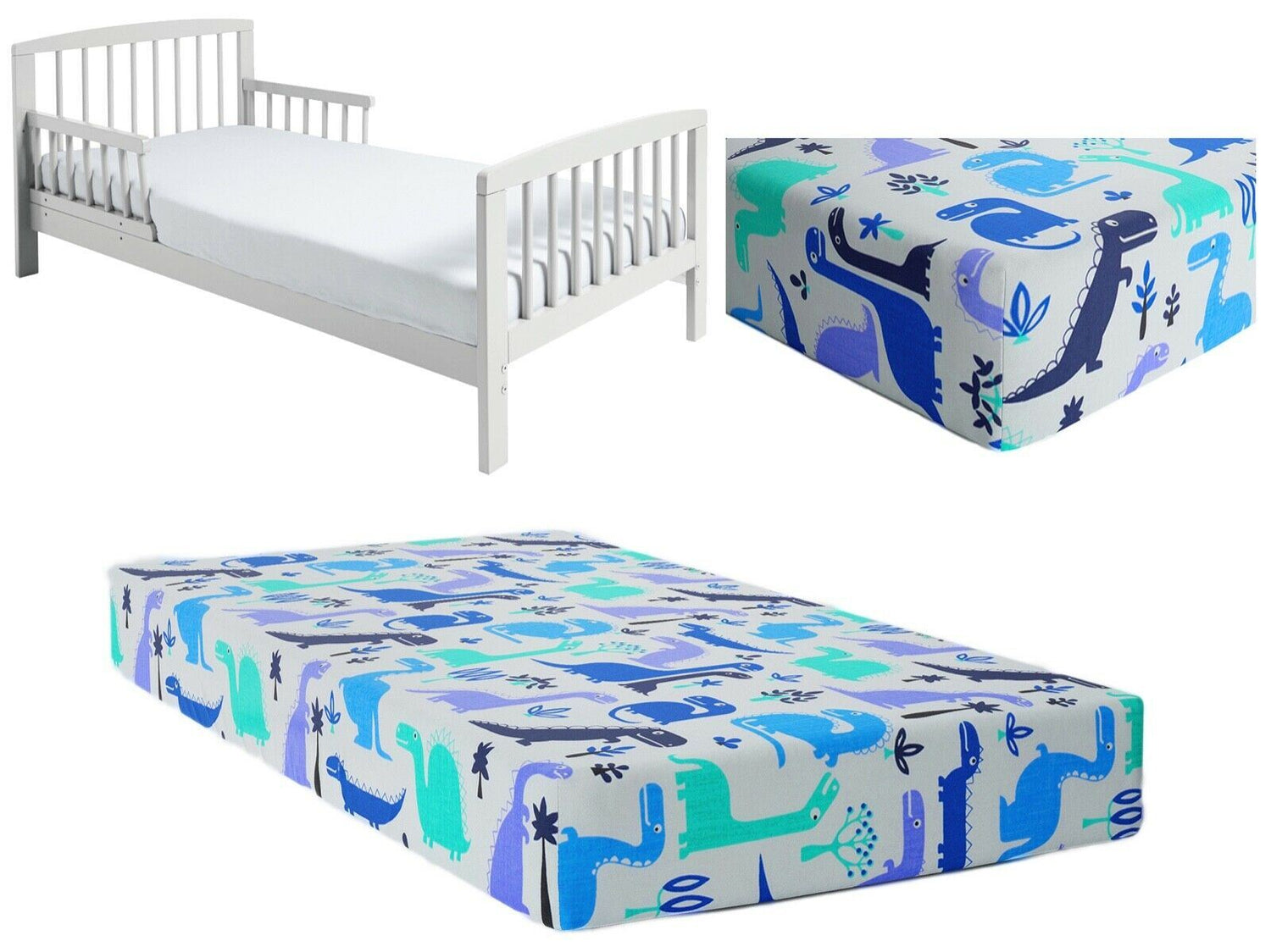 Baby Fitted Toddler Bed Sheet Printed 100% Cotton Mattress 160X80cm Dinosaurs Blue