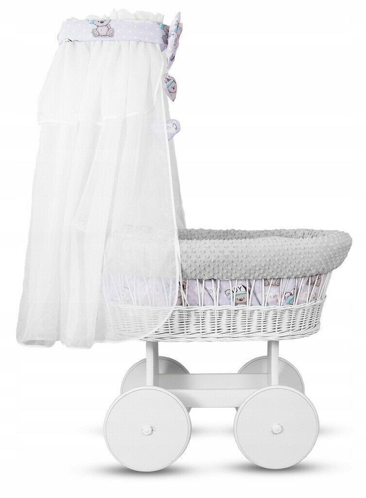 White Wicker Moses Basket Wheel Baby+Full Dimple Bedding Set Teddy Boy Grey - MyHappy Baby
