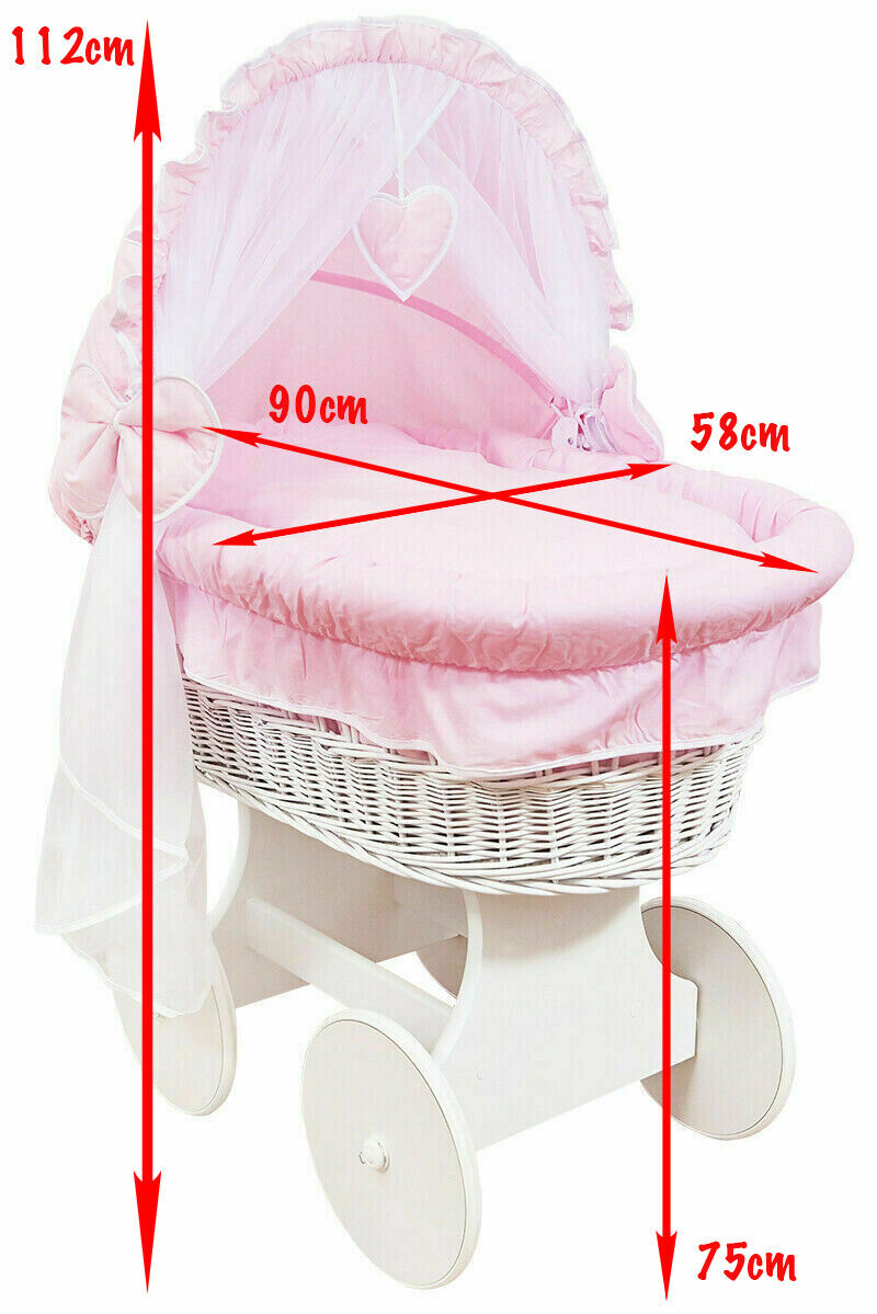 White Wicker Wheels Crib/Baby Moses Basket + Complete Bedding Pink/Cotton