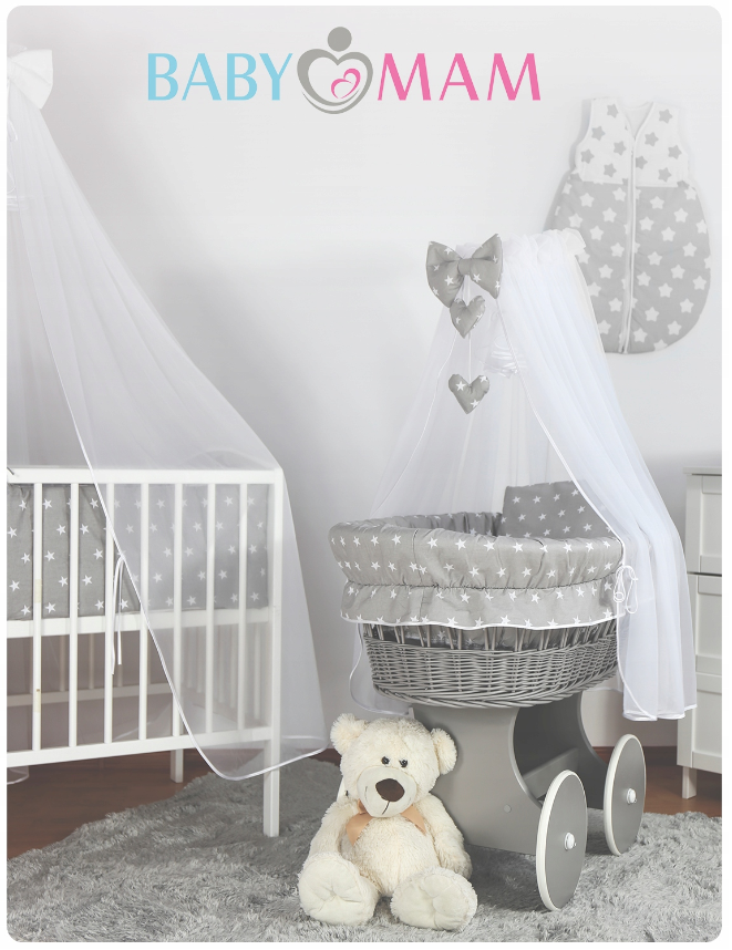 Grey Wicker Wheels Moses Basket Baby+Full Bedding Set  Small White Stars On Grey - MyHappy Baby