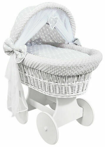 White Wicker Wheels Crib/Baby Moses Basket & Bedding White Stars On Grey/Dimple - MyHappy Baby