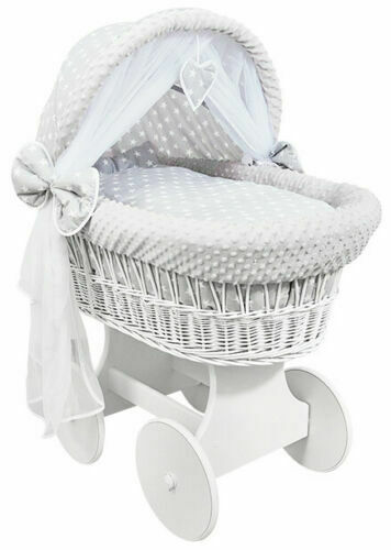 White Wicker Wheels Crib/Baby Moses Basket & Bedding White Stars On Grey/Dimple
