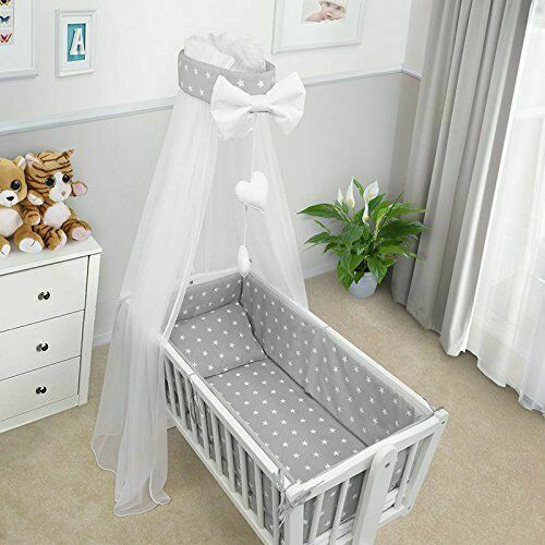 Baby Cot Bedding Set - 10 Piece Including Cot Bumper, Pillow, Duvet and Canopy to Fit 90x40cm Crib Small Stars On Grey - 100% Cotton