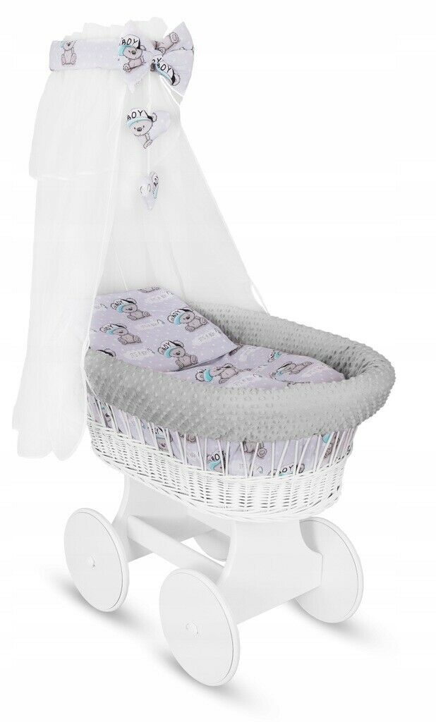 White Wicker Moses Basket Wheel Baby+Full Dimple Bedding Set Teddy Boy Grey - MyHappy Baby
