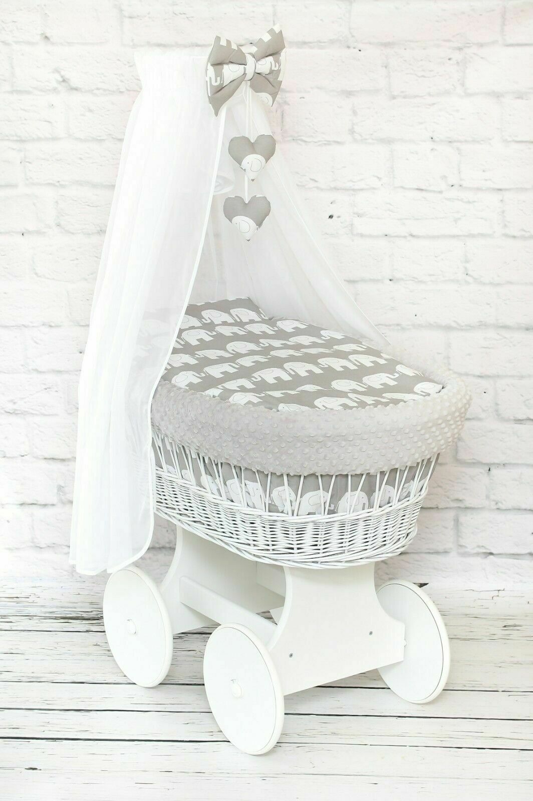 White Wicker Moses Basket Wheel Baby+Full Dimple Bedding Set Elephants Grey