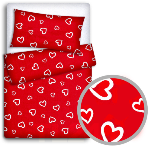 Baby bedding set 4pc 100% cotton 135x100cm pillow duvet fit cot bed - White hearts on red