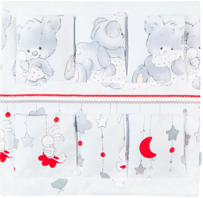 NURSERY HANGING STORAGE 6 POCKETS COT TIDY ORGANISER Cuddle Bear Grey