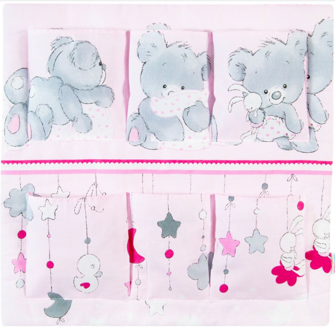 NURSERY HANGING STORAGE 6 POCKETS COT TIDY ORGANISER Cuddle Bears Pink