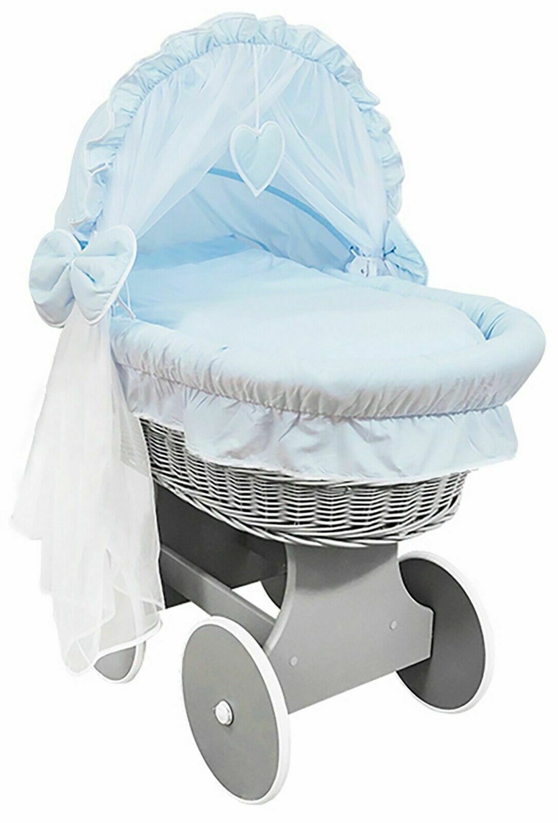 Grey Wicker Wheels Crib/Baby Moses Basket & Complete Bedding Blue - 100% Cotton