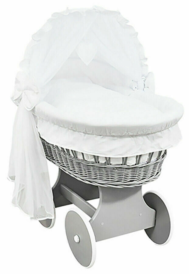 Grey Wicker Wheels Crib/Baby Moses Basket & Complete With Bedding In White  - 100% Cotton