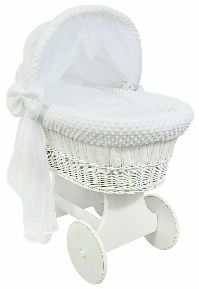 White Wicker Wheels Crib/Baby Moses Basket + Complete Bedding White/Dimple