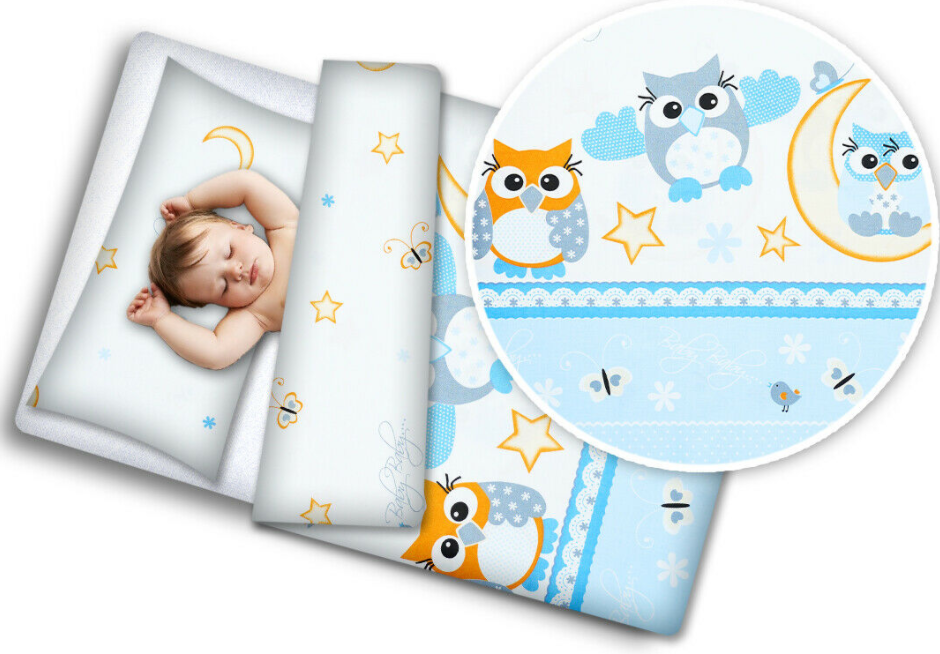 Baby 4Pc Bedding Set With Pillow And Duvet Nursery 120x90cm Owls Moon Blue