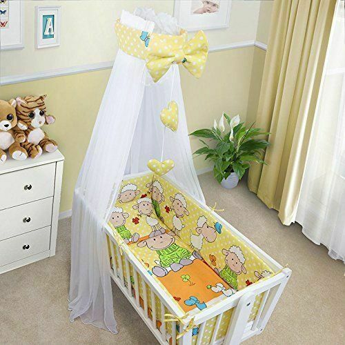 Baby Cot Bedding Set - 10 Piece Including Cot Bumper, Pillow, Duvet and Canopy to Fit 90x40cm Crib Sheep Yellow - 100% Cotton