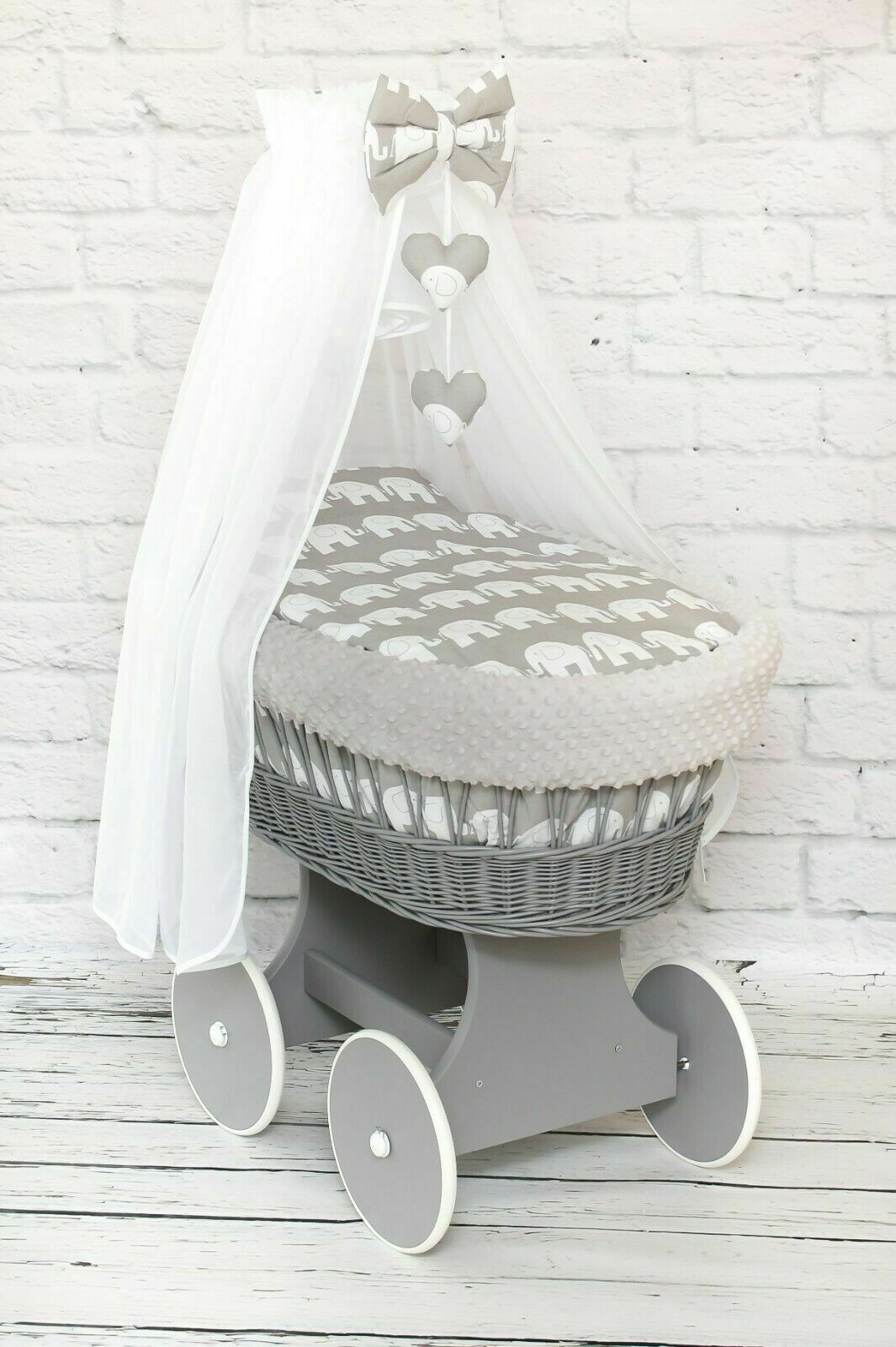 Grey Wicker Moses Basket Wheel Baby+Full Dimple Bedding Set Elephants Grey
