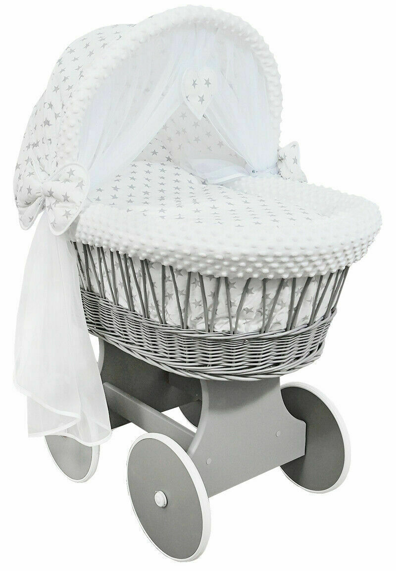 Grey Wicker Wheels Crib/Baby Moses Basket & Bedding Grey Stars On White/Dimple