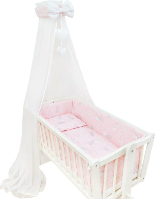 Baby Cot Bedding Set - 10 Piece Including Cot Bumper, Pillow, Duvet and Canopy to Fit 90x40cm Crib Bunny Pink - 100% Cotton