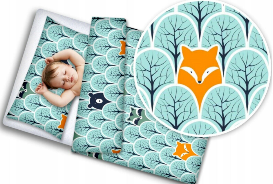Baby bedding set 2pc 100% cotton pillowcase duvet cover 70x80cm fit crib - Fox in forest turquoise